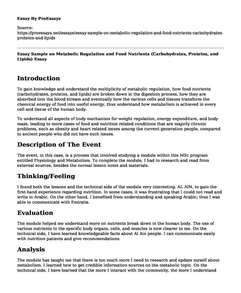 Essay Sample on Metabolic Regulation and Food Nutrients (Carbohydrates, Proteins, and Lipids)