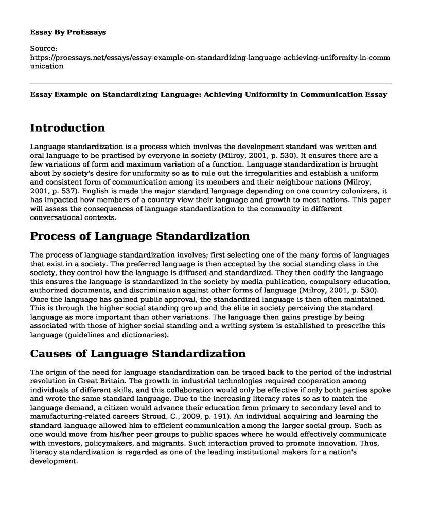 Essay Example on Standardizing Language: Achieving Uniformity in Communication