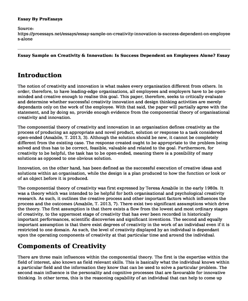 Essay Sample on Creativity & Innovation: Is Success Dependent on Employees Alone?