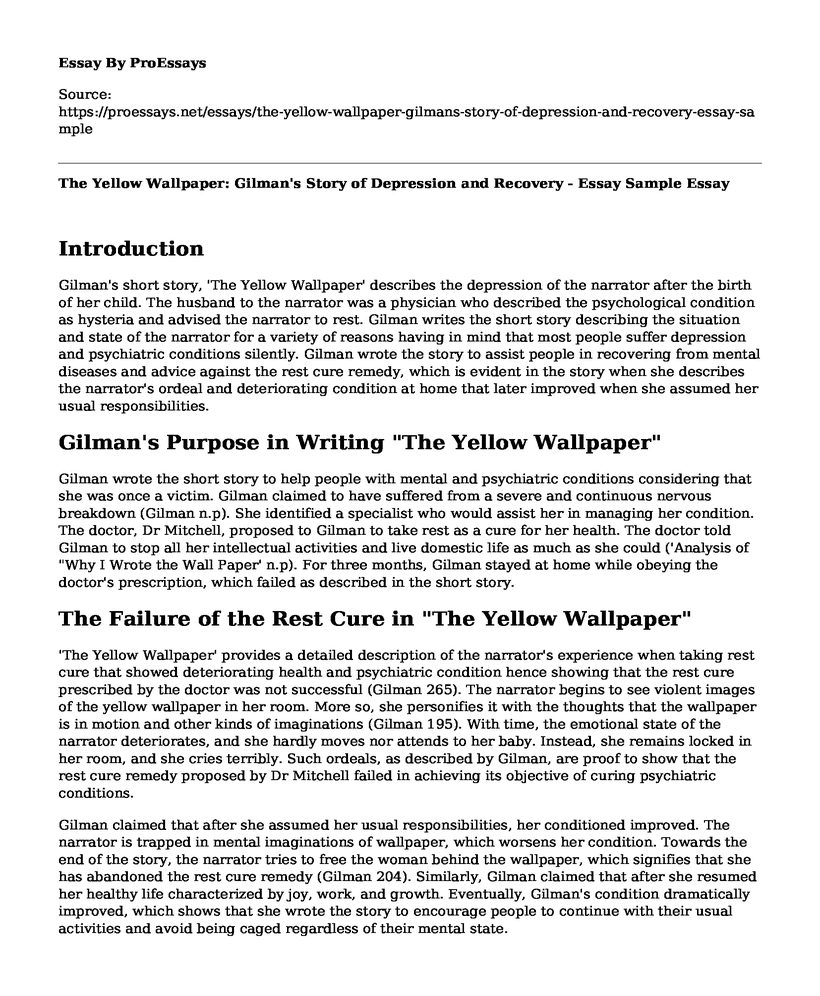 The Yellow Wallpaper: Gilman's Story of Depression and Recovery - Essay Sample