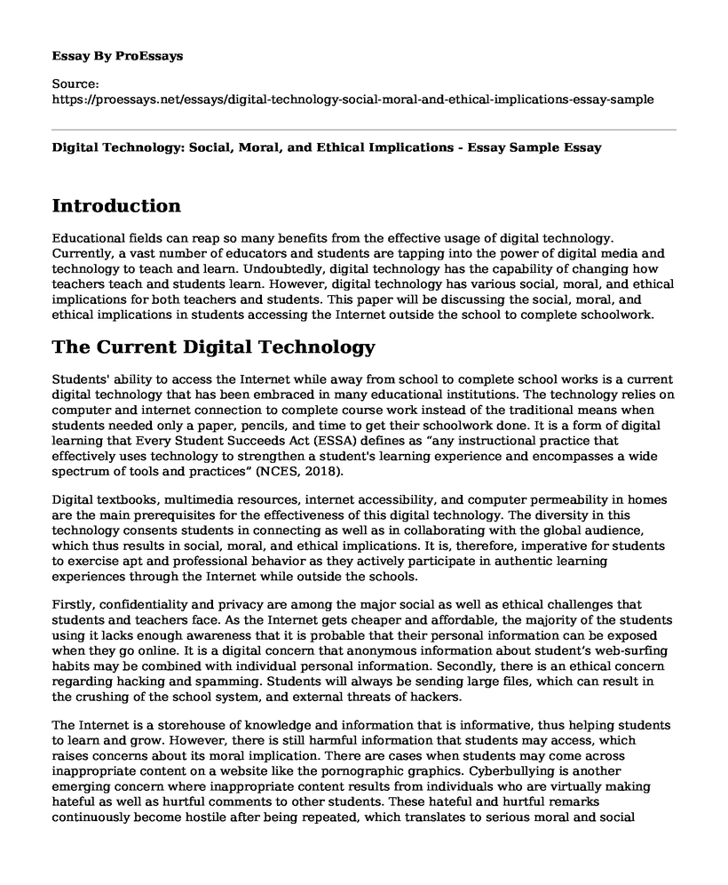 Digital Technology: Social, Moral, and Ethical Implications - Essay Sample