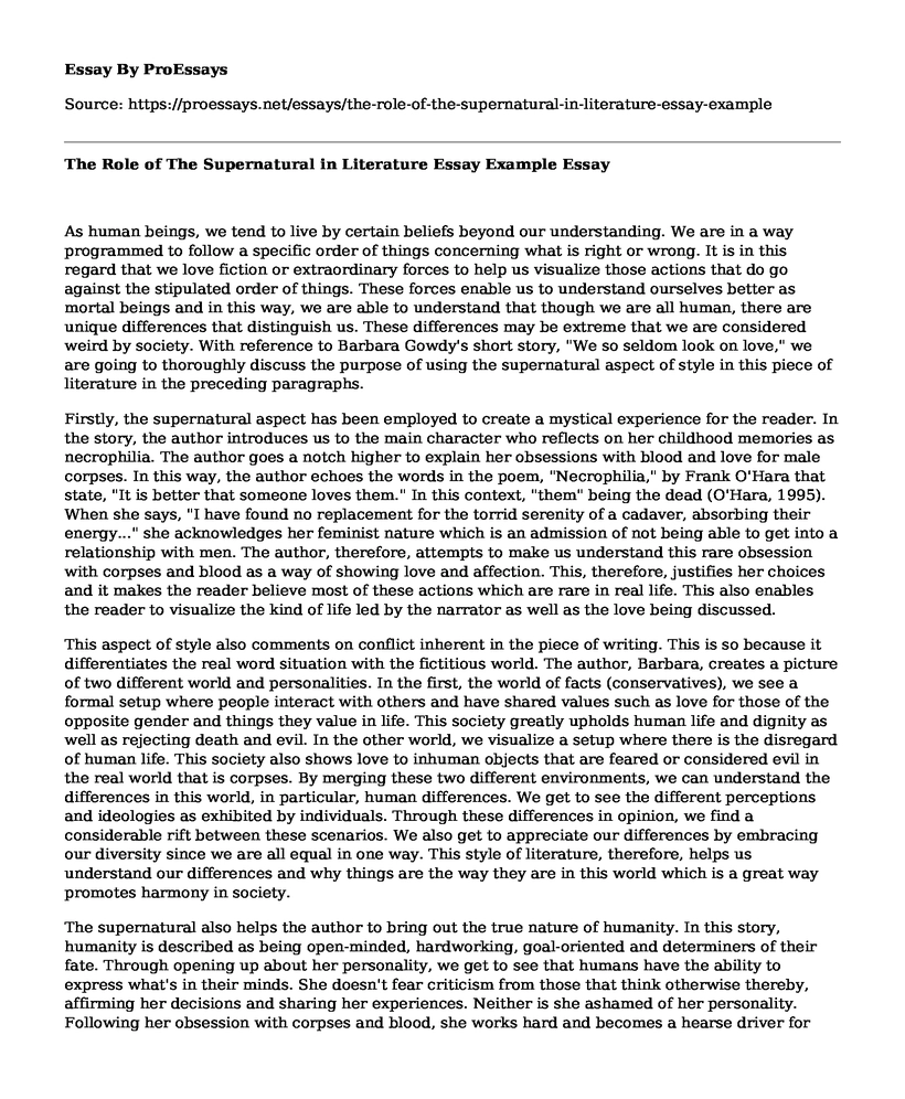The Role of The Supernatural in Literature Essay Example