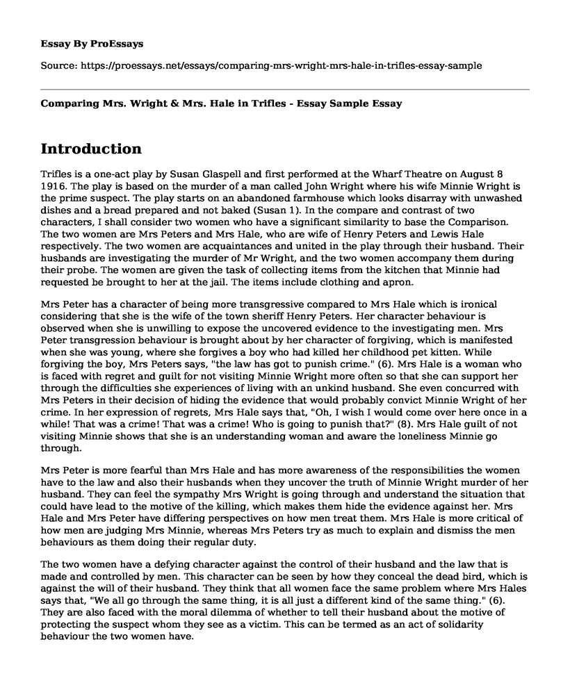 Comparing Mrs. Wright & Mrs. Hale in Trifles - Essay Sample