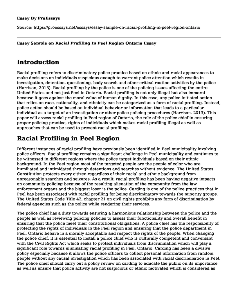 Essay Sample on Racial Profiling In Peel Region Ontario