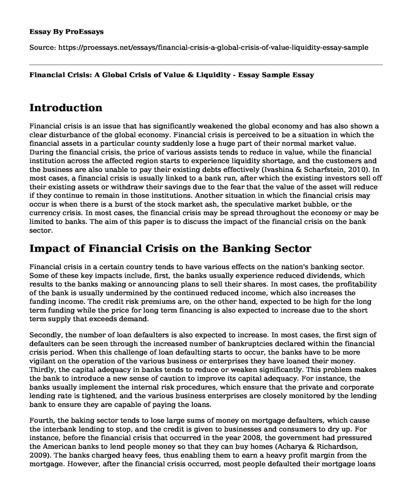 Financial Crisis: A Global Crisis of Value & Liquidity - Essay Sample