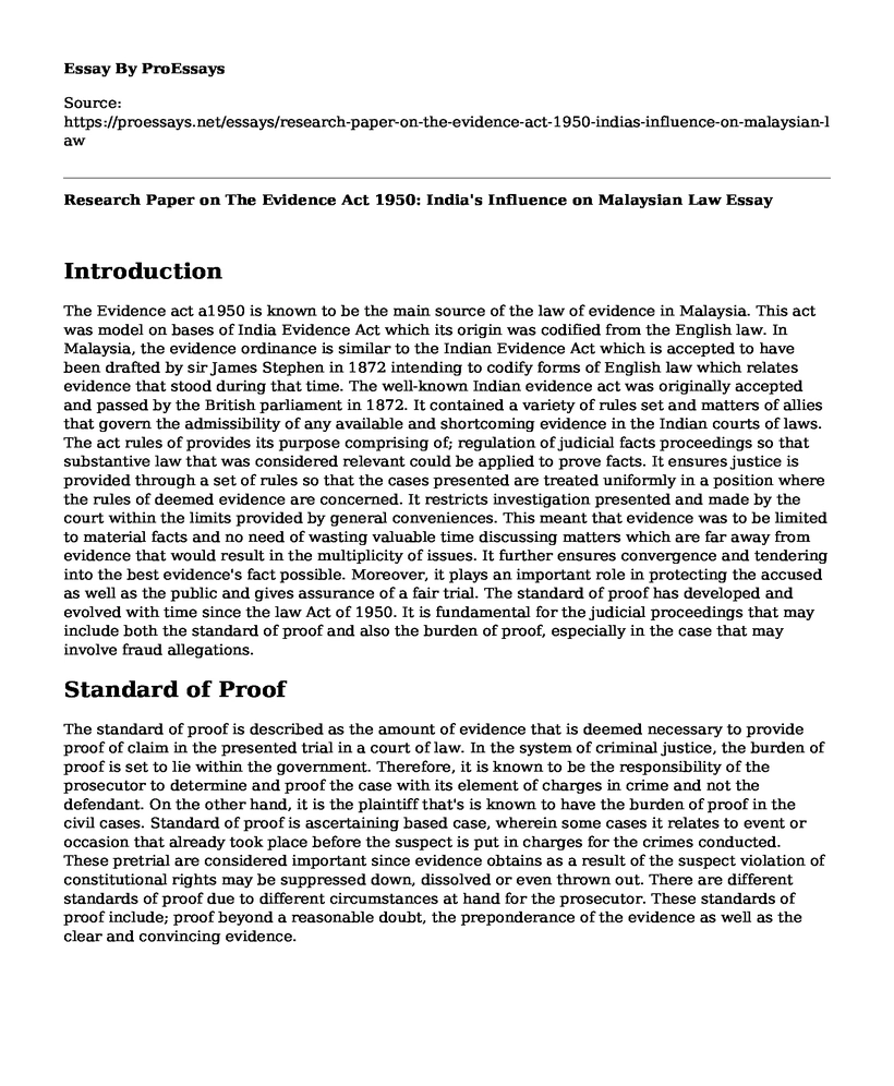 Research Paper on The Evidence Act 1950: India's Influence on Malaysian Law