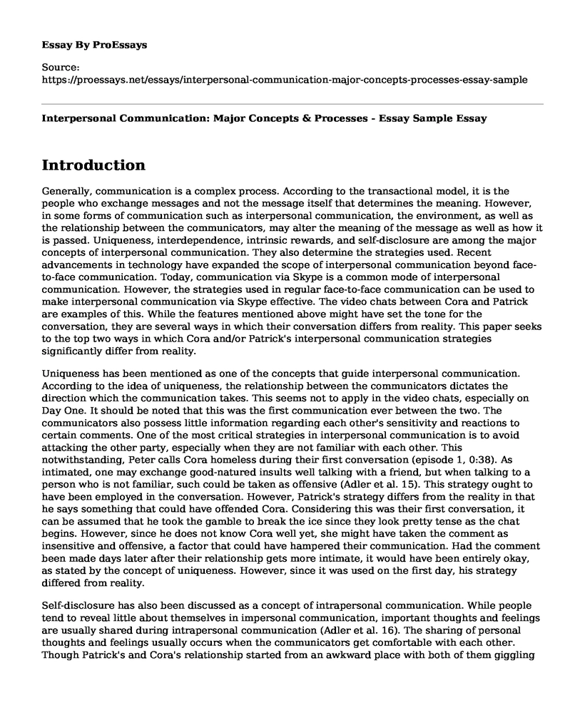 Interpersonal Communication: Major Concepts & Processes - Essay Sample
