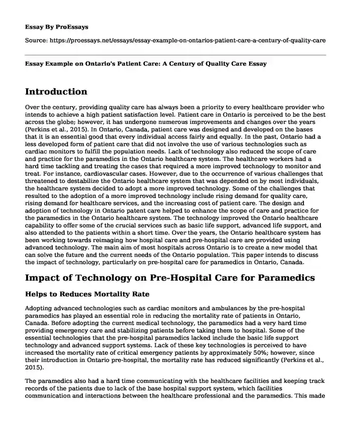 Essay Example on Ontario's Patient Care: A Century of Quality Care
