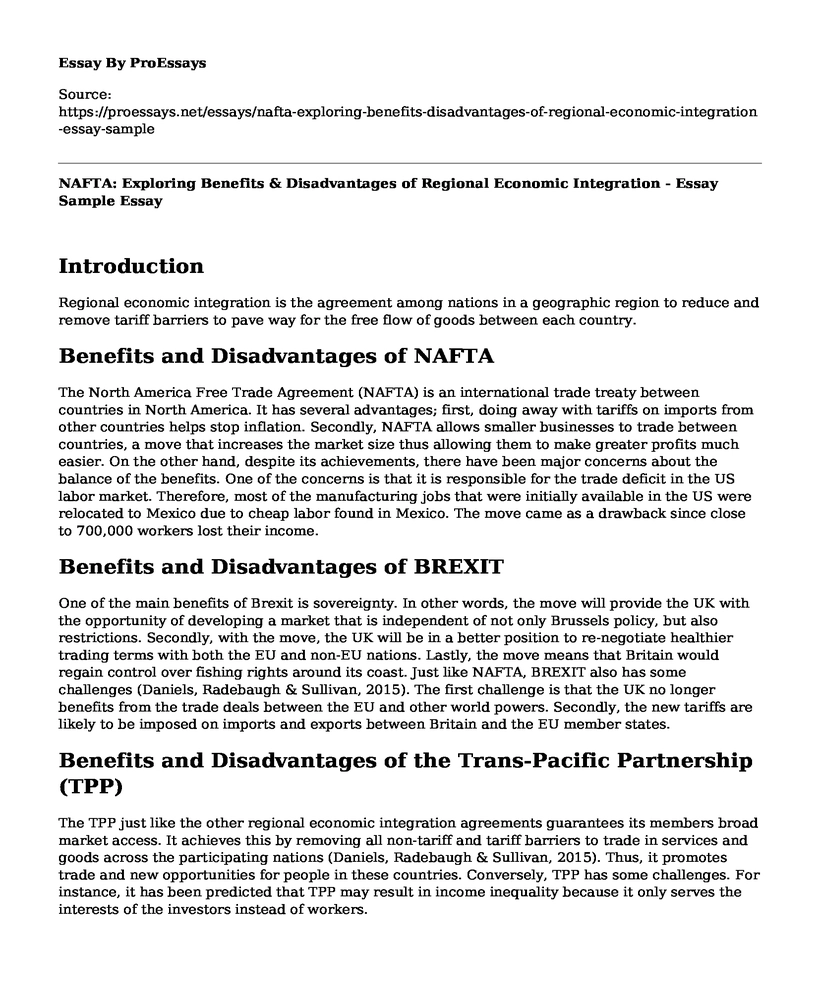 NAFTA: Exploring Benefits & Disadvantages of Regional Economic Integration - Essay Sample