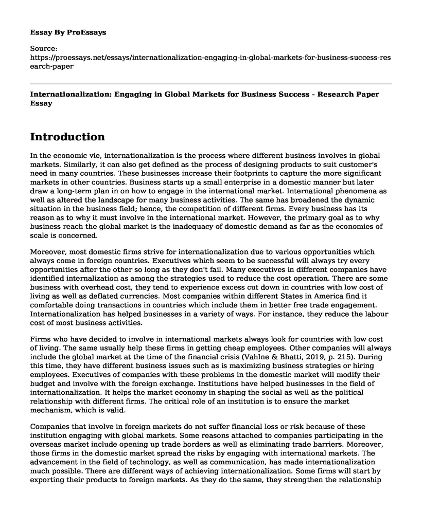 Internationalization: Engaging in Global Markets for Business Success - Research Paper