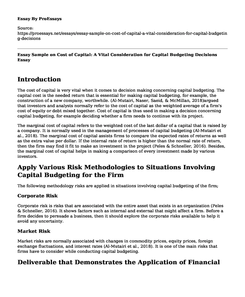 Essay Sample on Cost of Capital: A Vital Consideration for Capital Budgeting Decisions