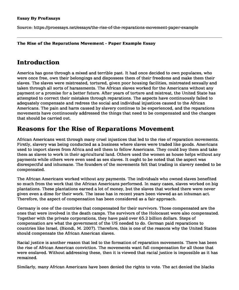 The Rise of the Reparations Movement - Paper Example