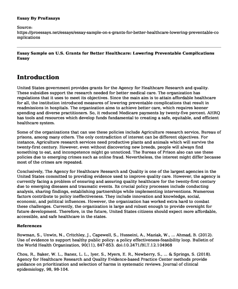 Essay Sample on U.S. Grants for Better Healthcare: Lowering Preventable Complications