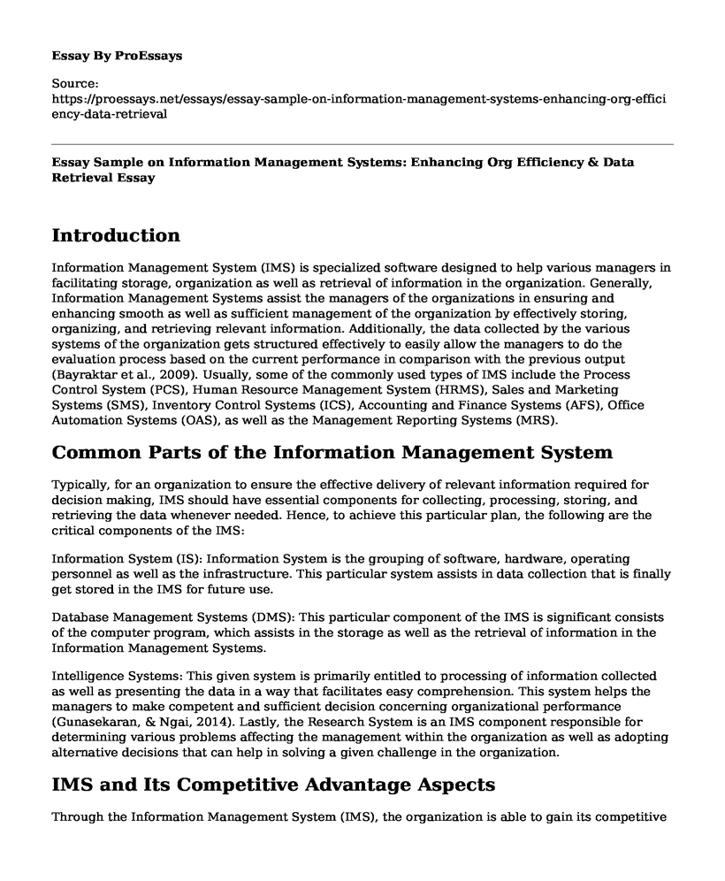 Essay Sample on Information Management Systems: Enhancing Org Efficiency & Data Retrieval