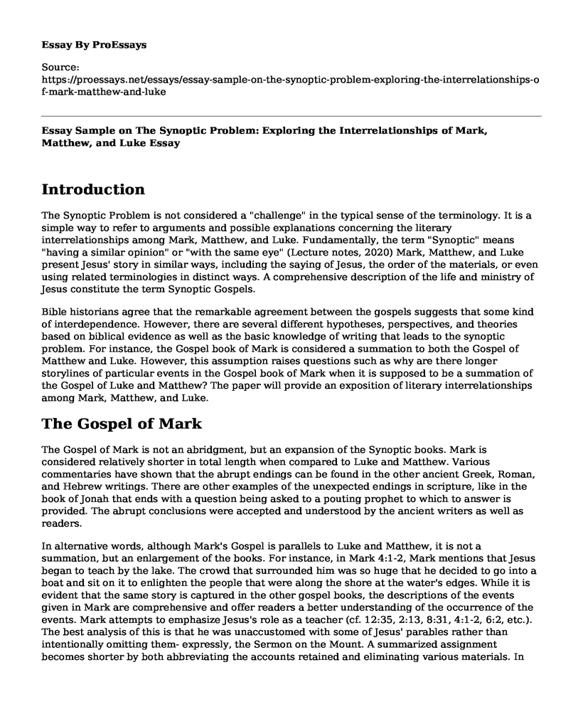 Essay Sample on The Synoptic Problem: Exploring the Interrelationships of Mark, Matthew, and Luke