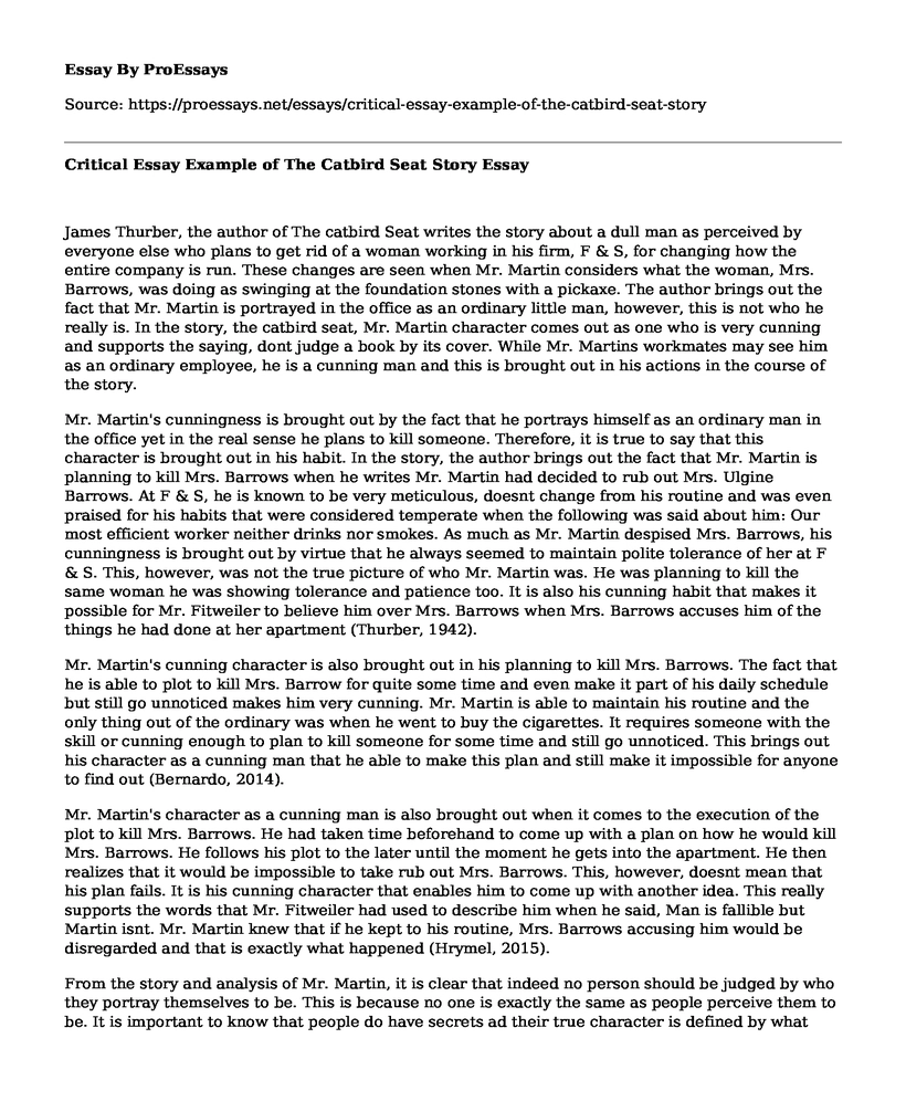Critical Essay Example of The Catbird Seat Story