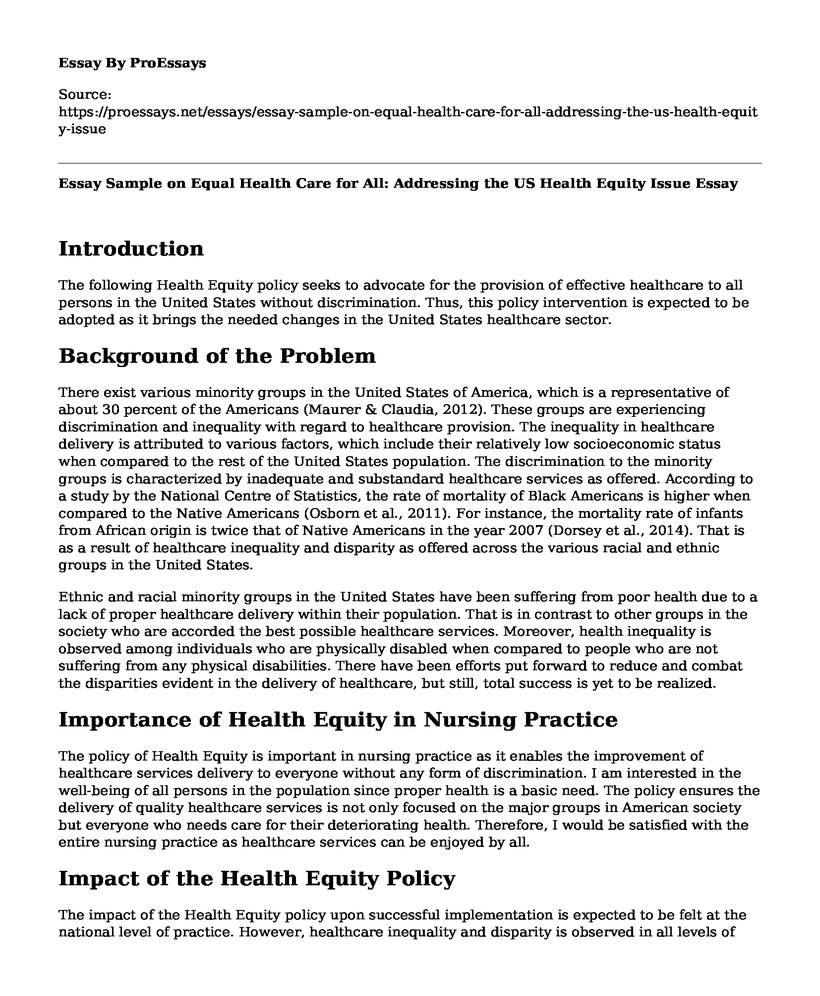 Essay Sample on Equal Health Care for All: Addressing the US Health Equity Issue