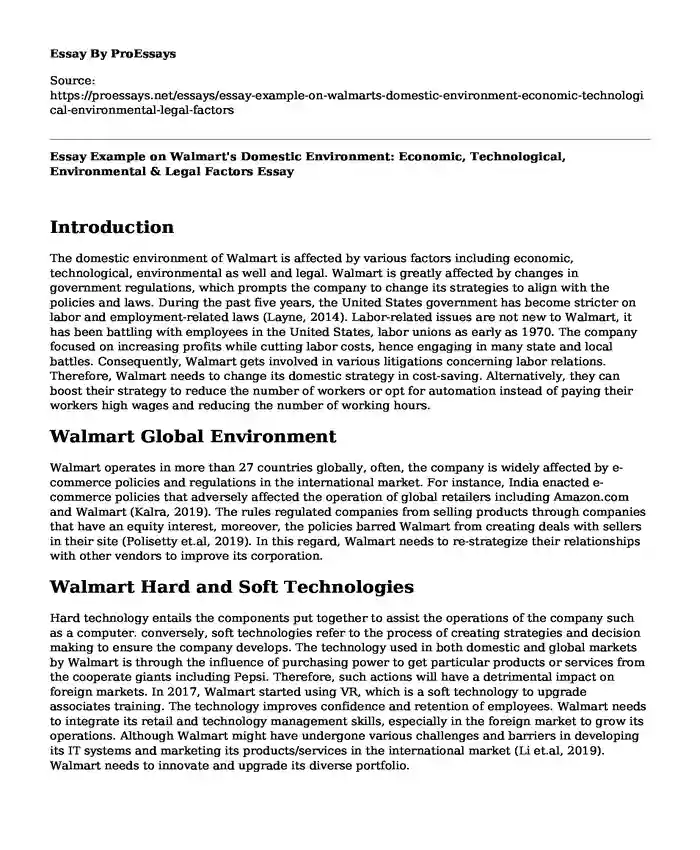 Essay Example on Walmart's Domestic Environment: Economic, Technological, Environmental & Legal Factors