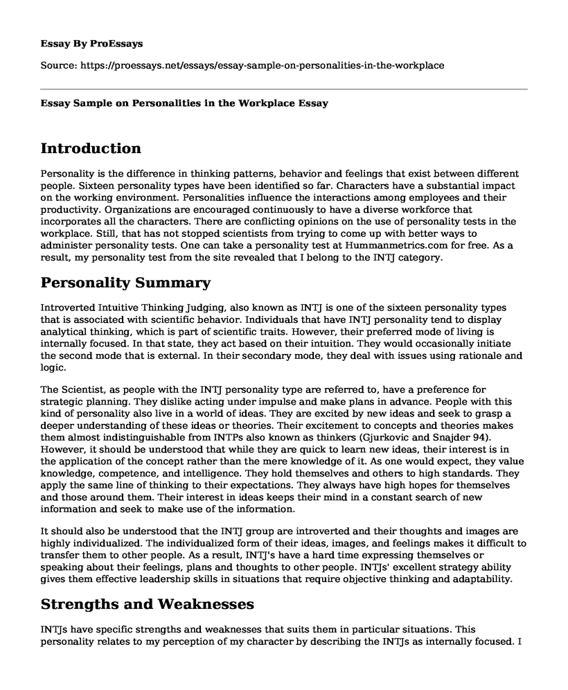 Essay Sample on Personalities in the Workplace