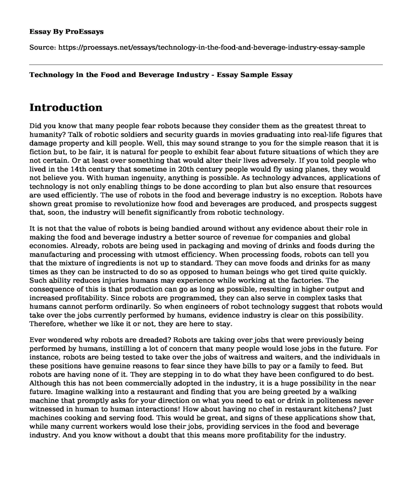 Technology in the Food and Beverage Industry - Essay Sample