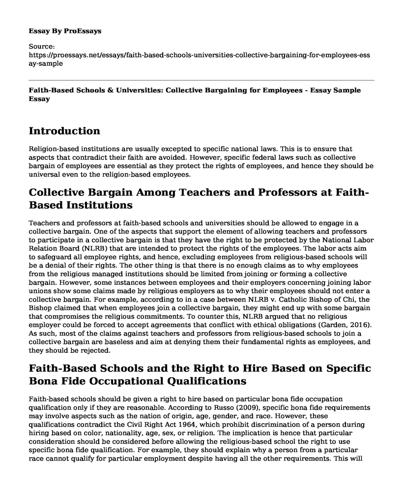 Faith-Based Schools & Universities: Collective Bargaining for Employees - Essay Sample