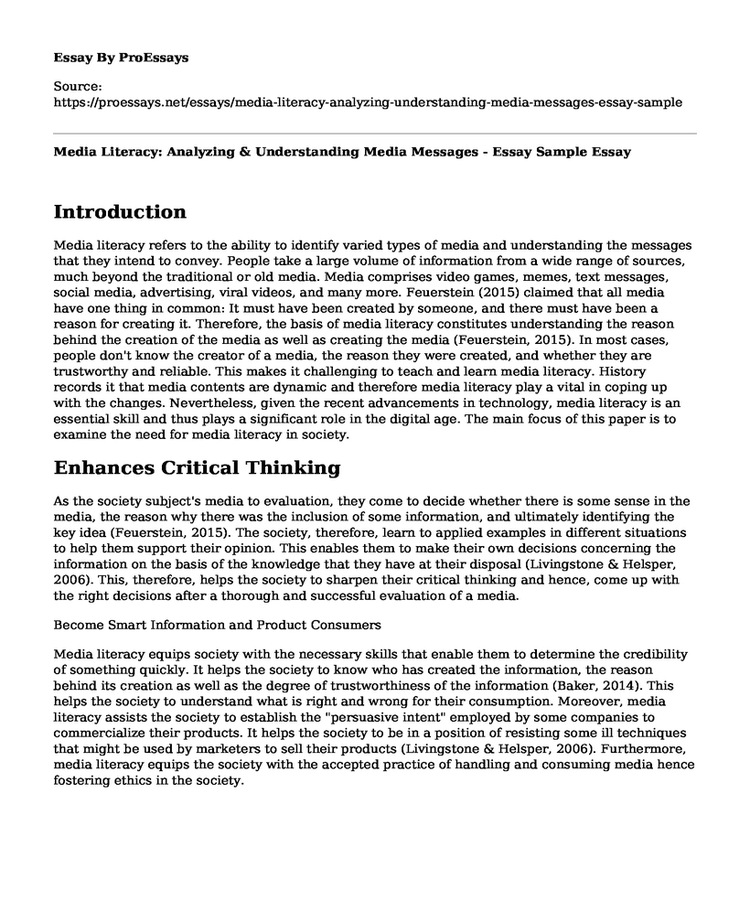 Media Literacy: Analyzing & Understanding Media Messages - Essay Sample