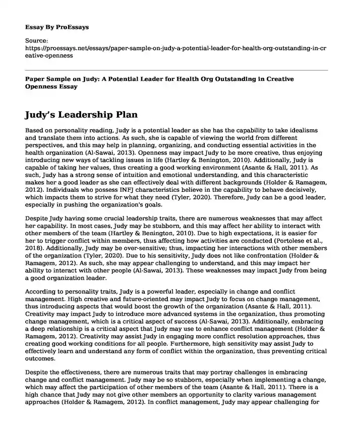 Paper Sample on Judy: A Potential Leader for Health Org Outstanding in Creative Openness