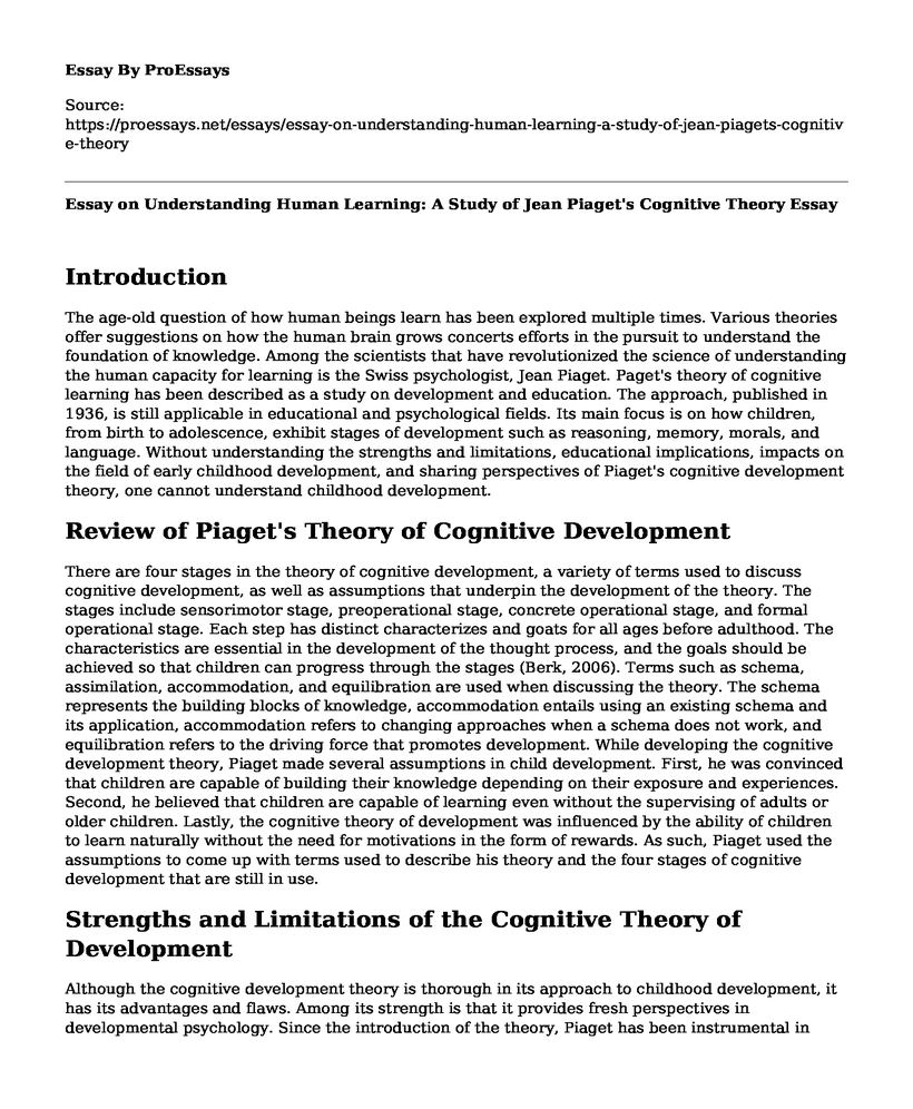 Essay on Understanding Human Learning: A Study of Jean Piaget's Cognitive Theory