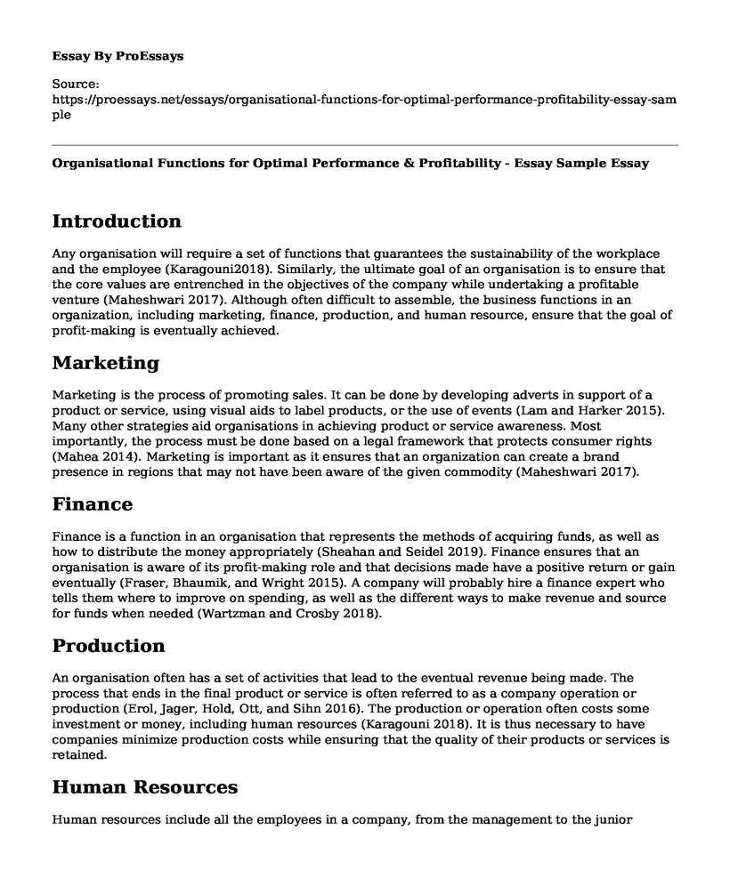 Organisational Functions for Optimal Performance & Profitability - Essay Sample