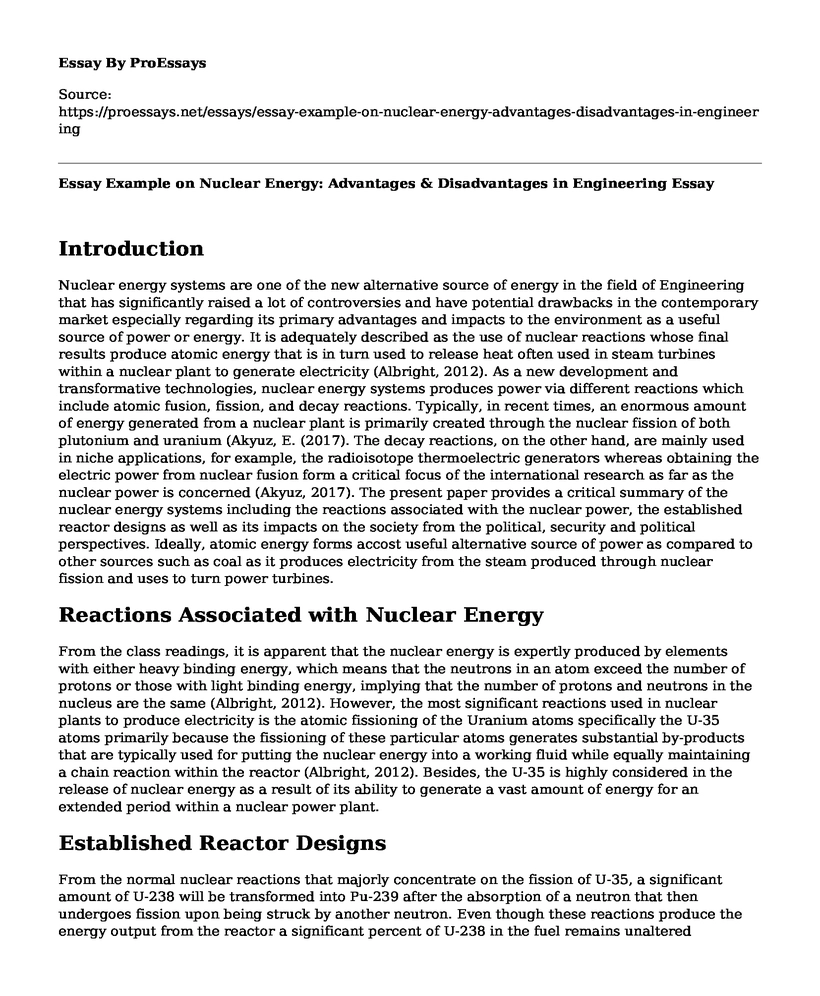 Essay Example on Nuclear Energy: Advantages & Disadvantages in Engineering