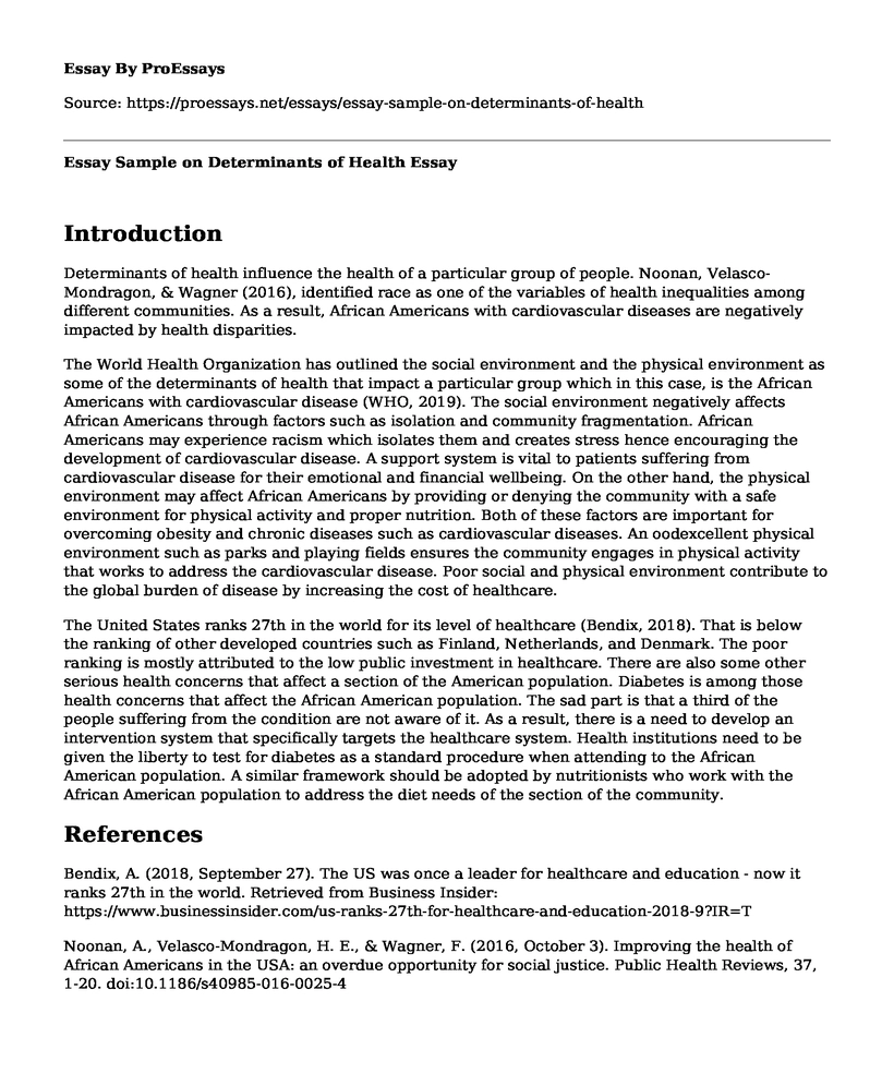 Essay Sample on Determinants of Health