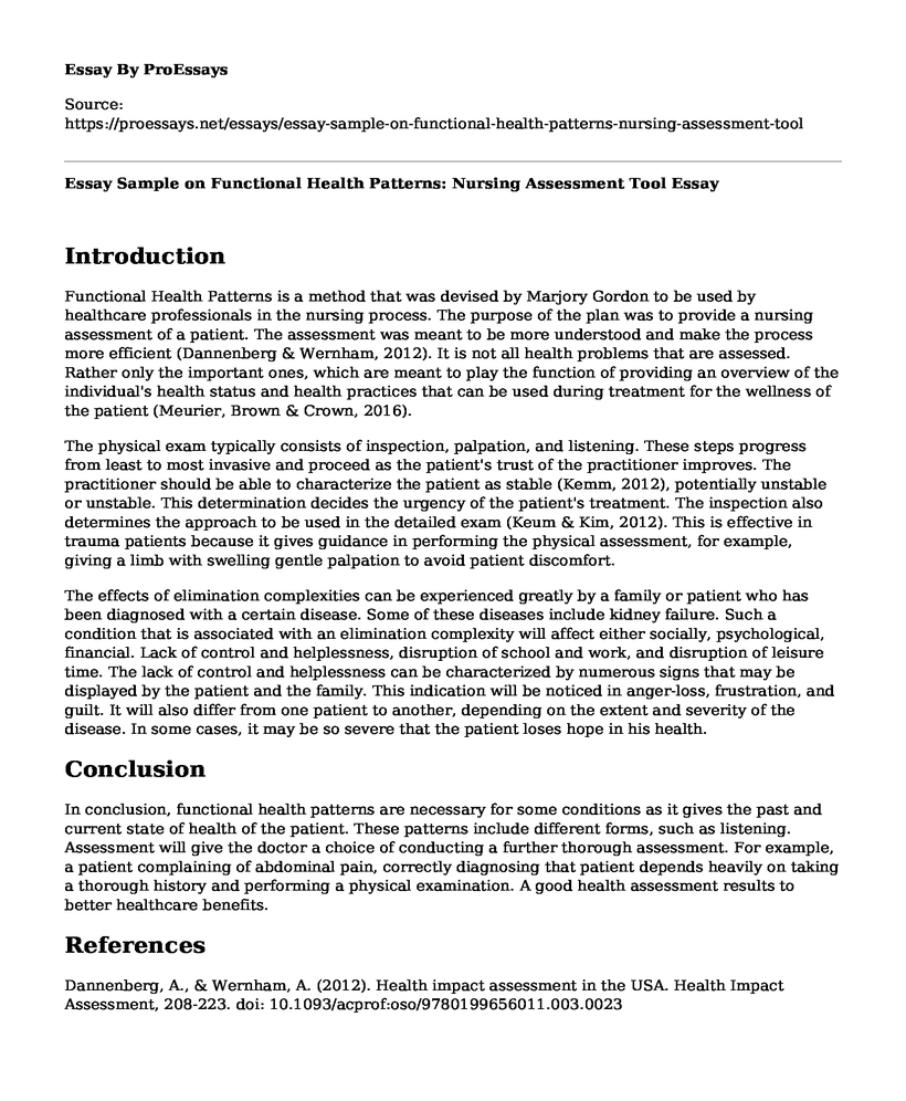 Essay Sample on Functional Health Patterns: Nursing Assessment Tool