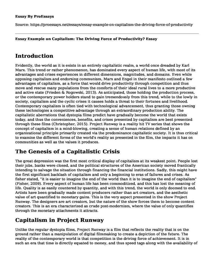 Essay Example on Capitalism: The Driving Force of Productivity?