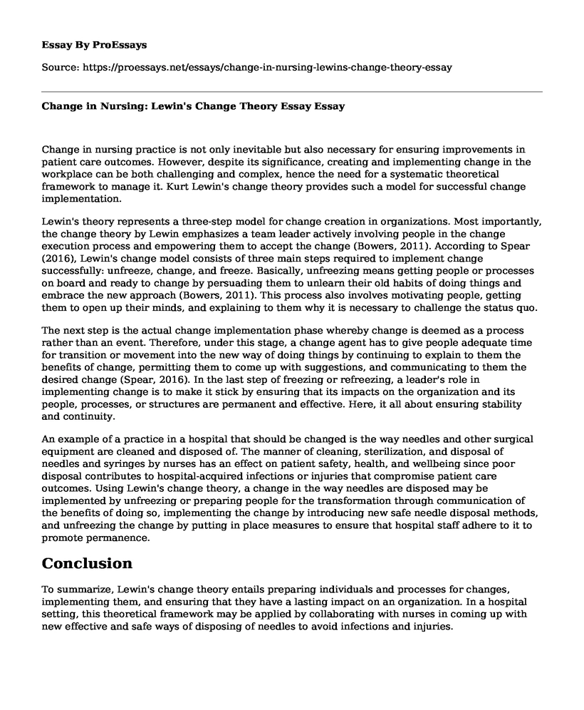 Change in Nursing: Lewin's Change Theory Essay