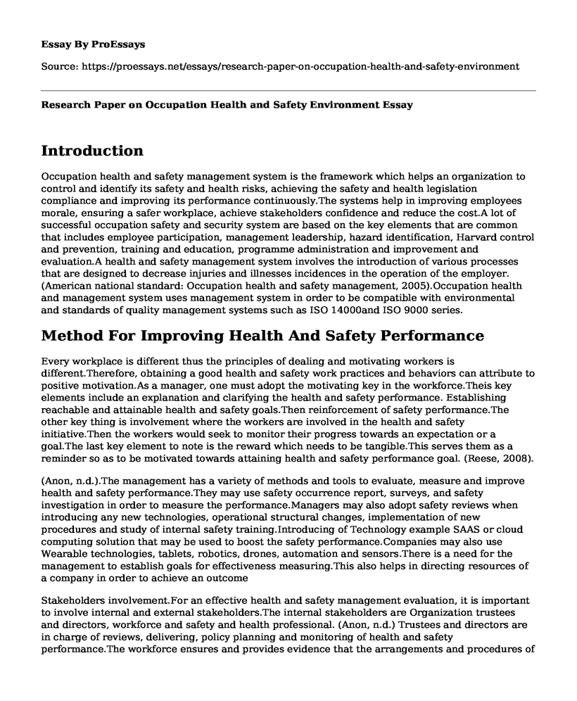 Research Paper on Occupation Health and Safety Environment