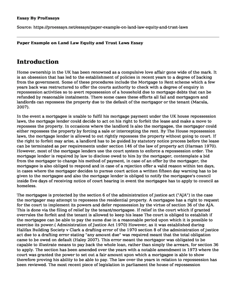 Paper Example on Land Law Equity and Trust Laws