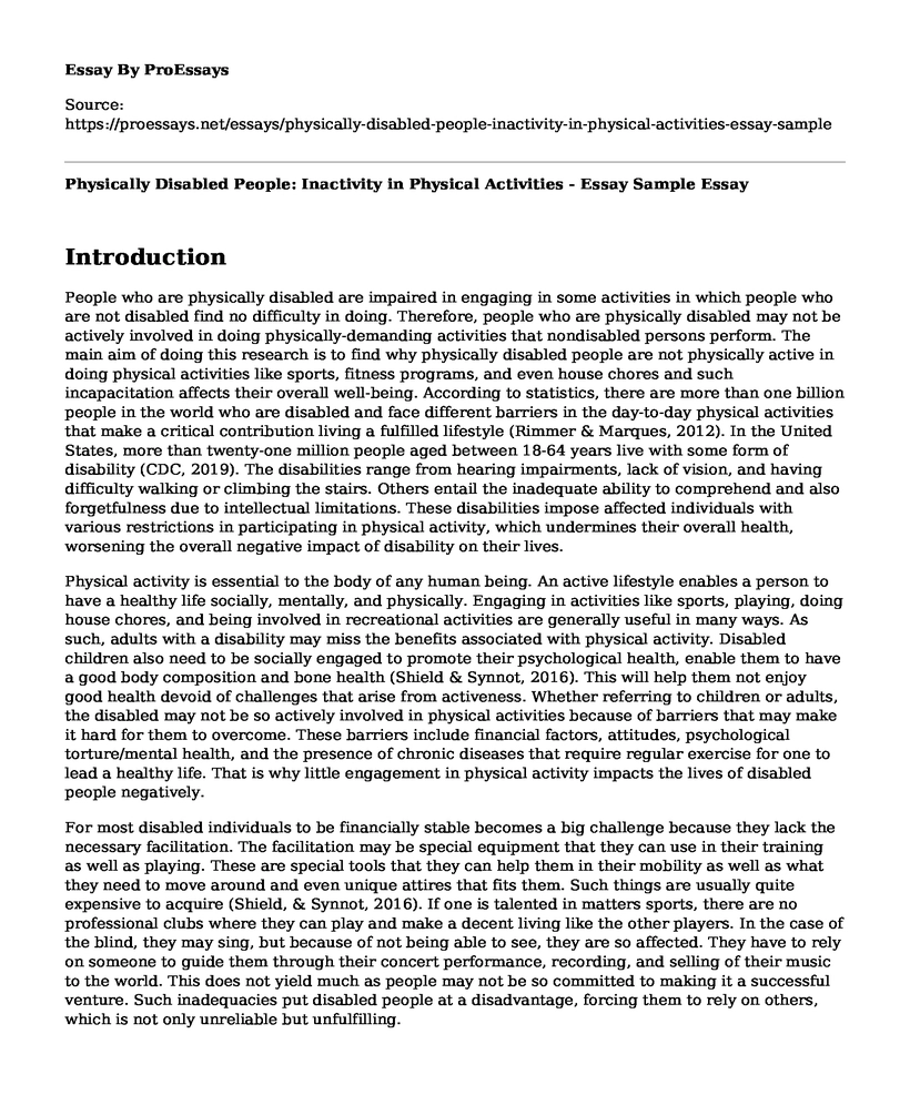 Physically Disabled People: Inactivity in Physical Activities - Essay Sample
