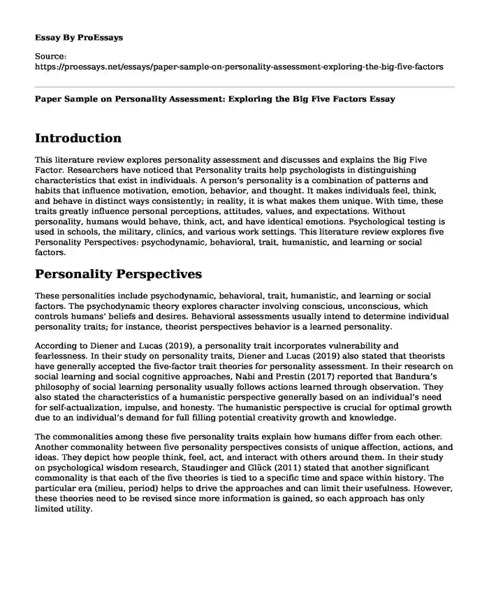 Paper Sample on Personality Assessment: Exploring the Big Five Factors