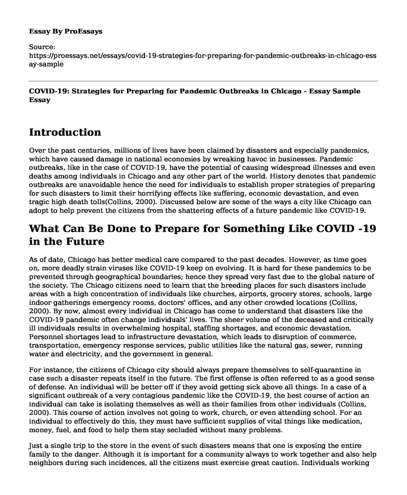 COVID-19: Strategies for Preparing for Pandemic Outbreaks in Chicago - Essay Sample