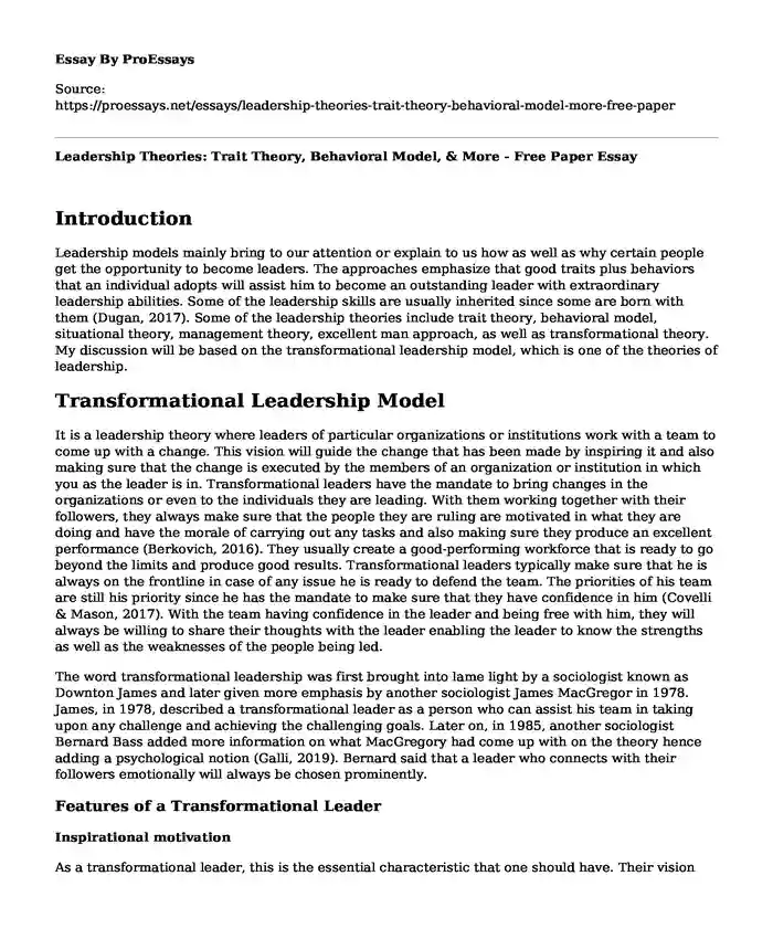 Leadership Theories: Trait Theory, Behavioral Model, & More - Free Paper