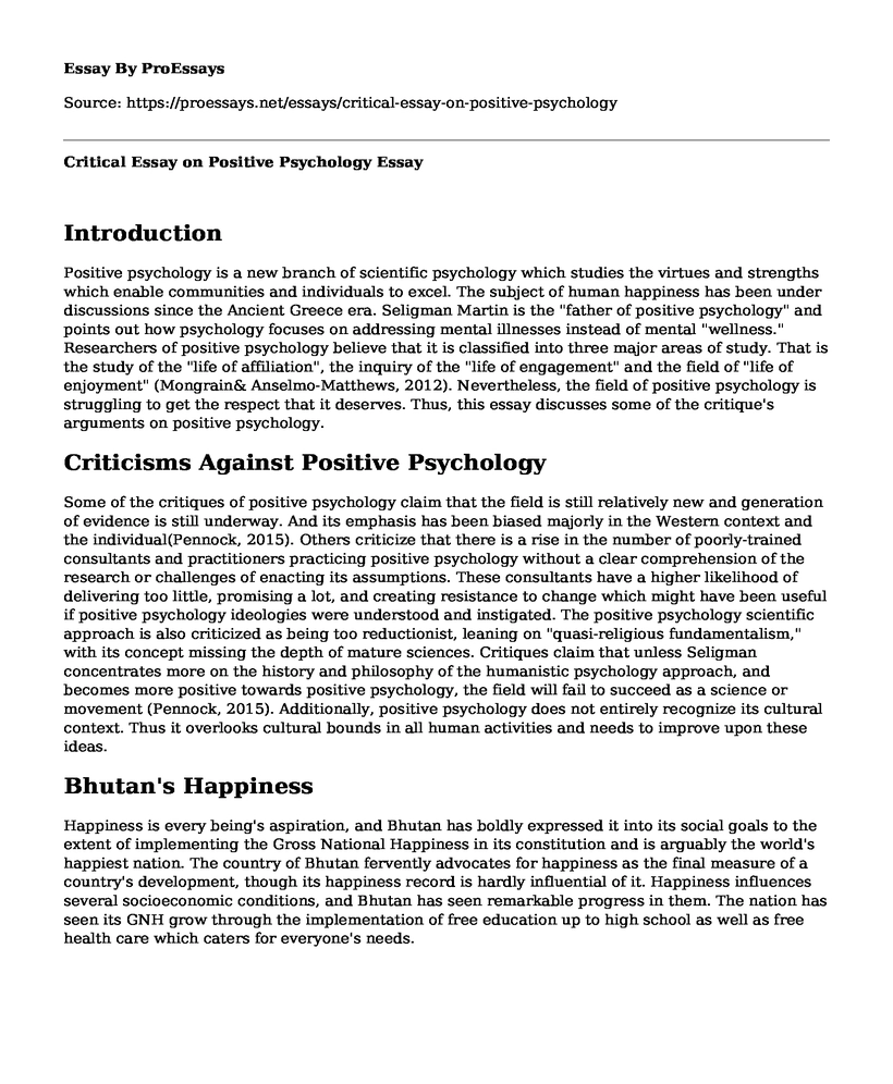 Critical Essay on Positive Psychology