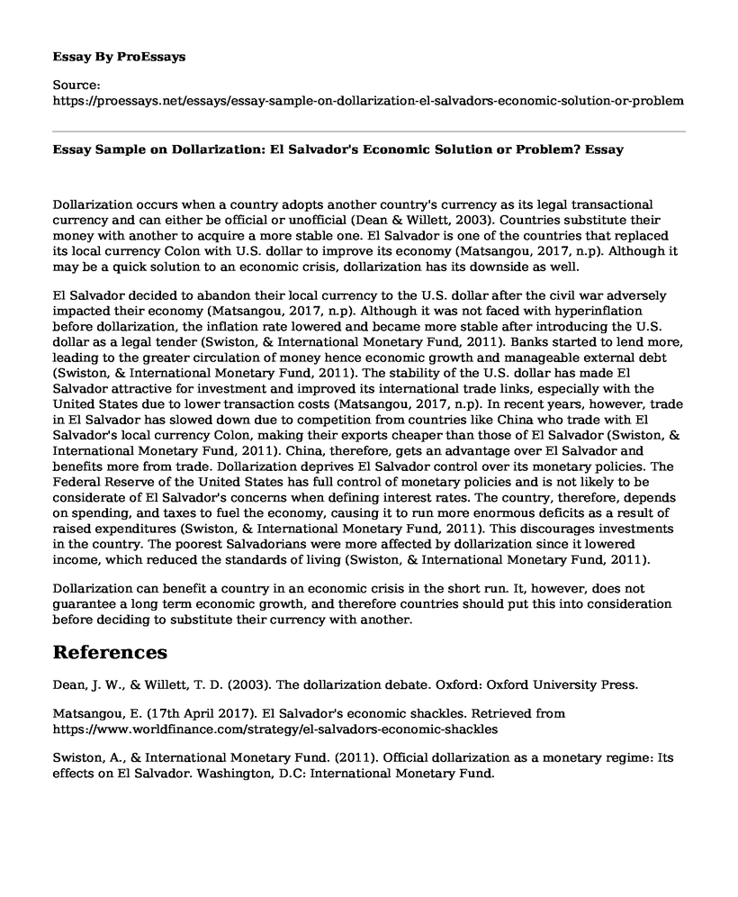 Essay Sample on Dollarization: El Salvador's Economic Solution or Problem?