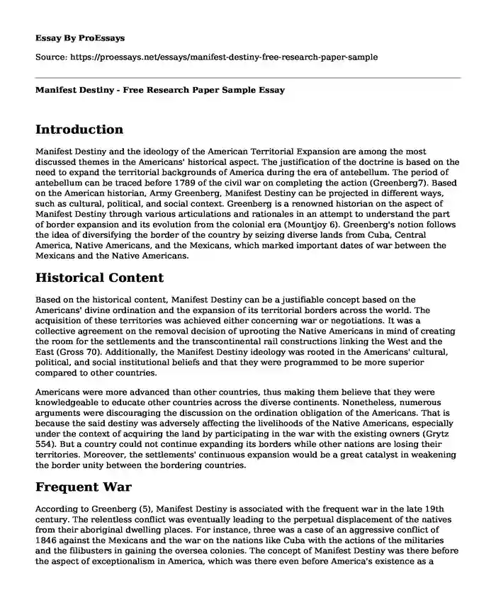 Manifest Destiny - Free Research Paper Sample