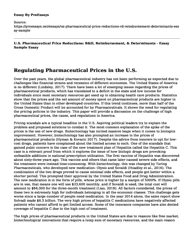 U.S. Pharmaceutical Price Reductions: R&D, Reimbursement, & Determinants - Essay Sample