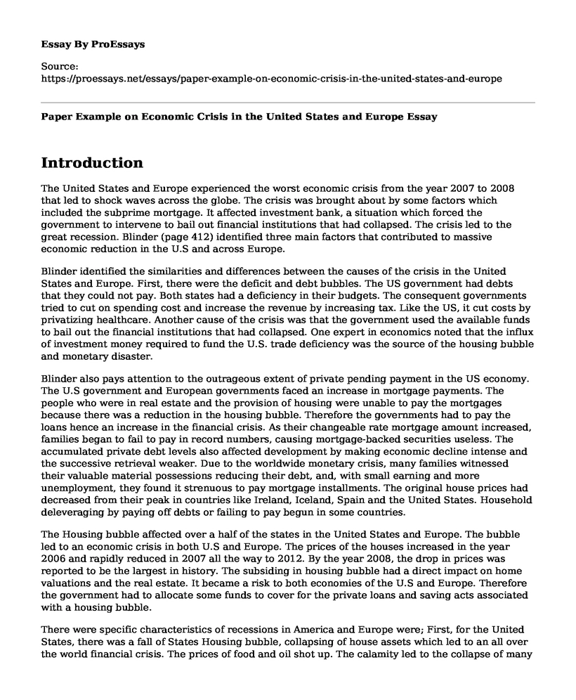 Paper Example on Economic Crisis in the United States and Europe