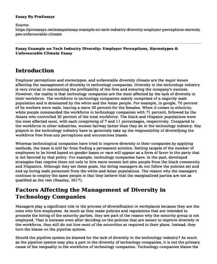 Essay Example on Tech Industry Diversity: Employer Perceptions, Stereotypes & Unfavourable Climate