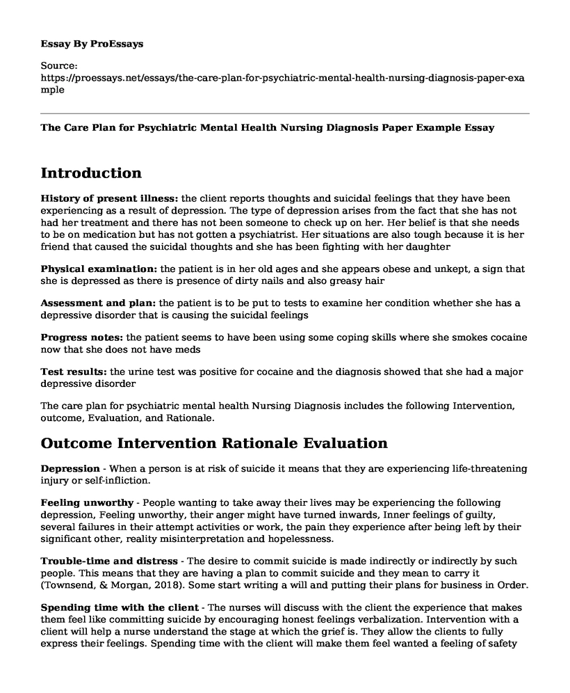 The Care Plan for Psychiatric Mental Health Nursing Diagnosis Paper Example