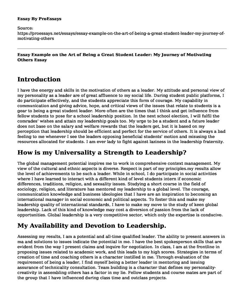 Essay Example on the Art of Being a Great Student Leader: My Journey of Motivating Others
