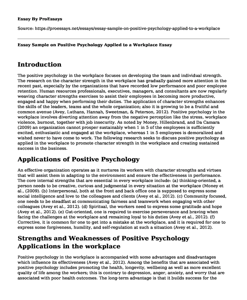 Essay Sample on Positive Psychology Applied to a Workplace
