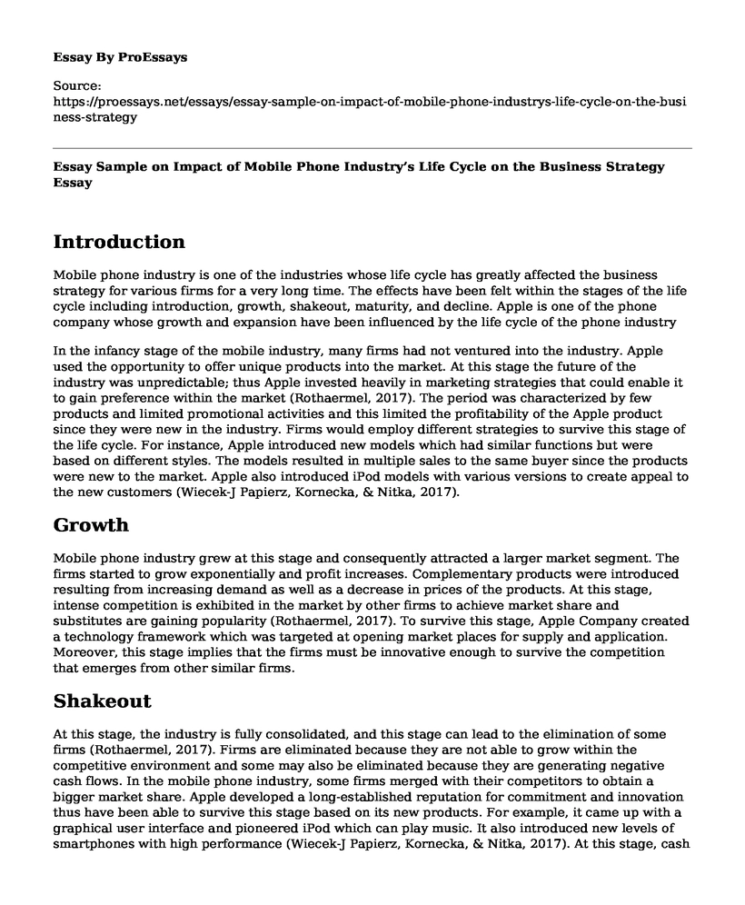 Essay Sample on Impact of Mobile Phone Industry's Life Cycle on the Business Strategy